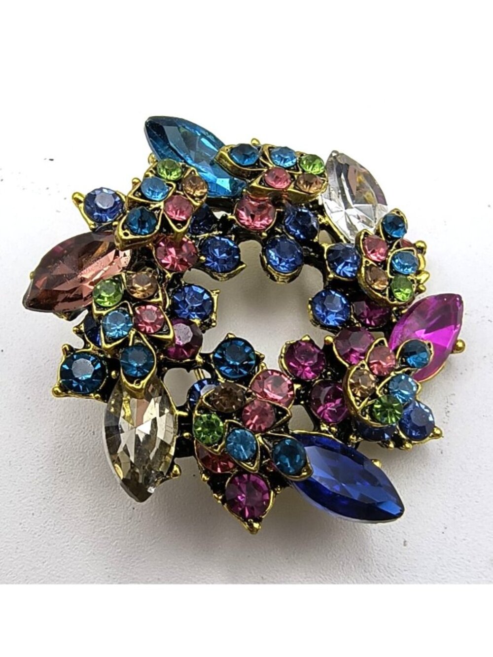 Vintage Multicolor Rhinestone Floral Wreath Brooch Pin Gold-Tone Backing
